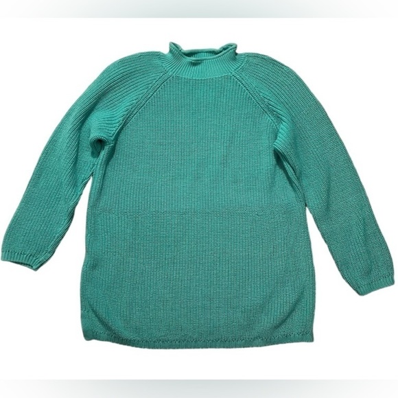 Talbots Turquoise Cotton Chunky Knit Crew Neck Pull Over Sweater Side Slit Sz 1X - Picture 1 of 12